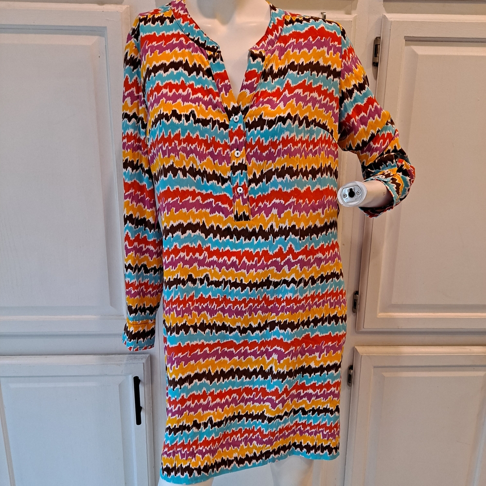 Trina Turk Colorful Zigzag Silk Long Sleeve Vneck 1/2 Button-up Tunic Dress